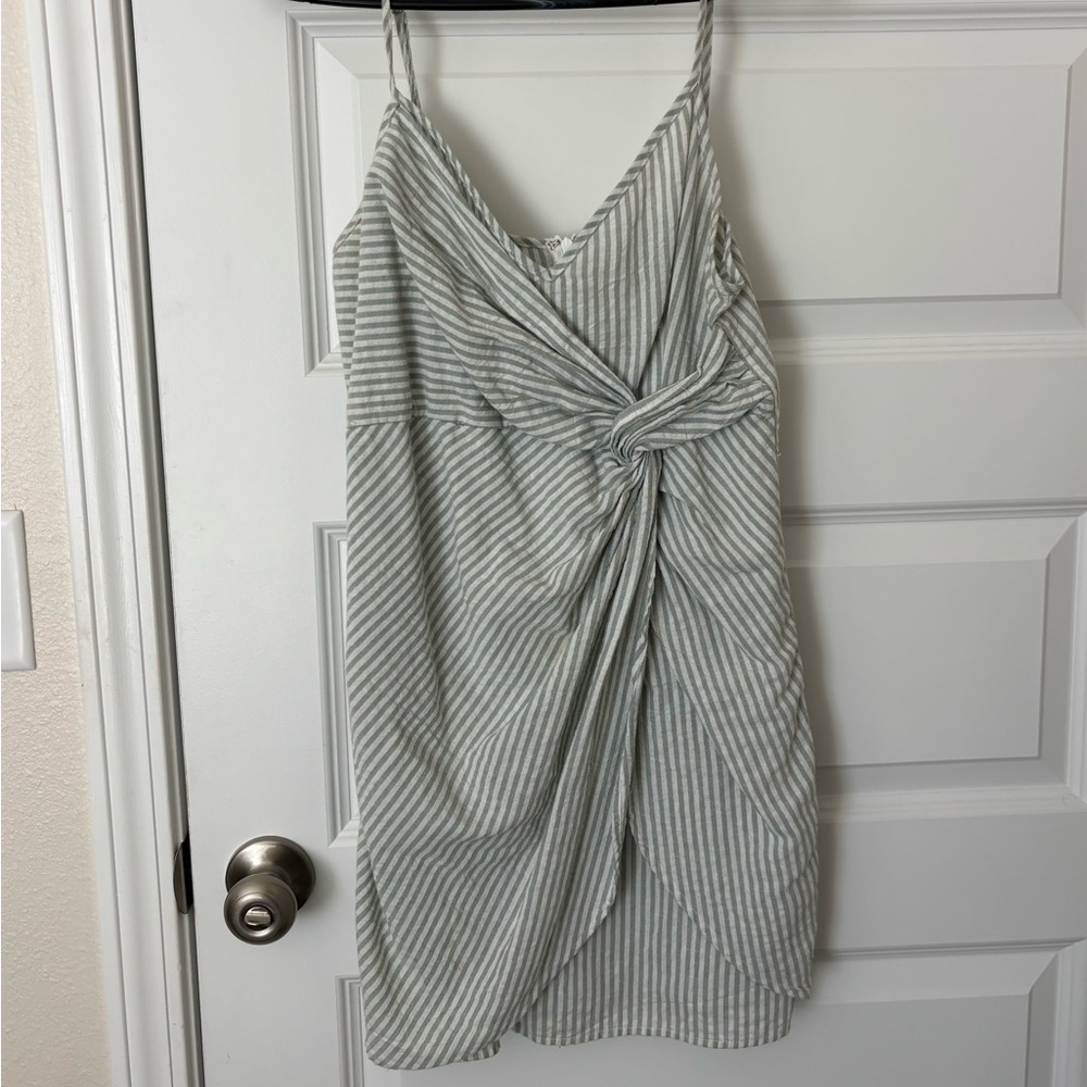 Chic Linen Striped Green and White Mini Dress